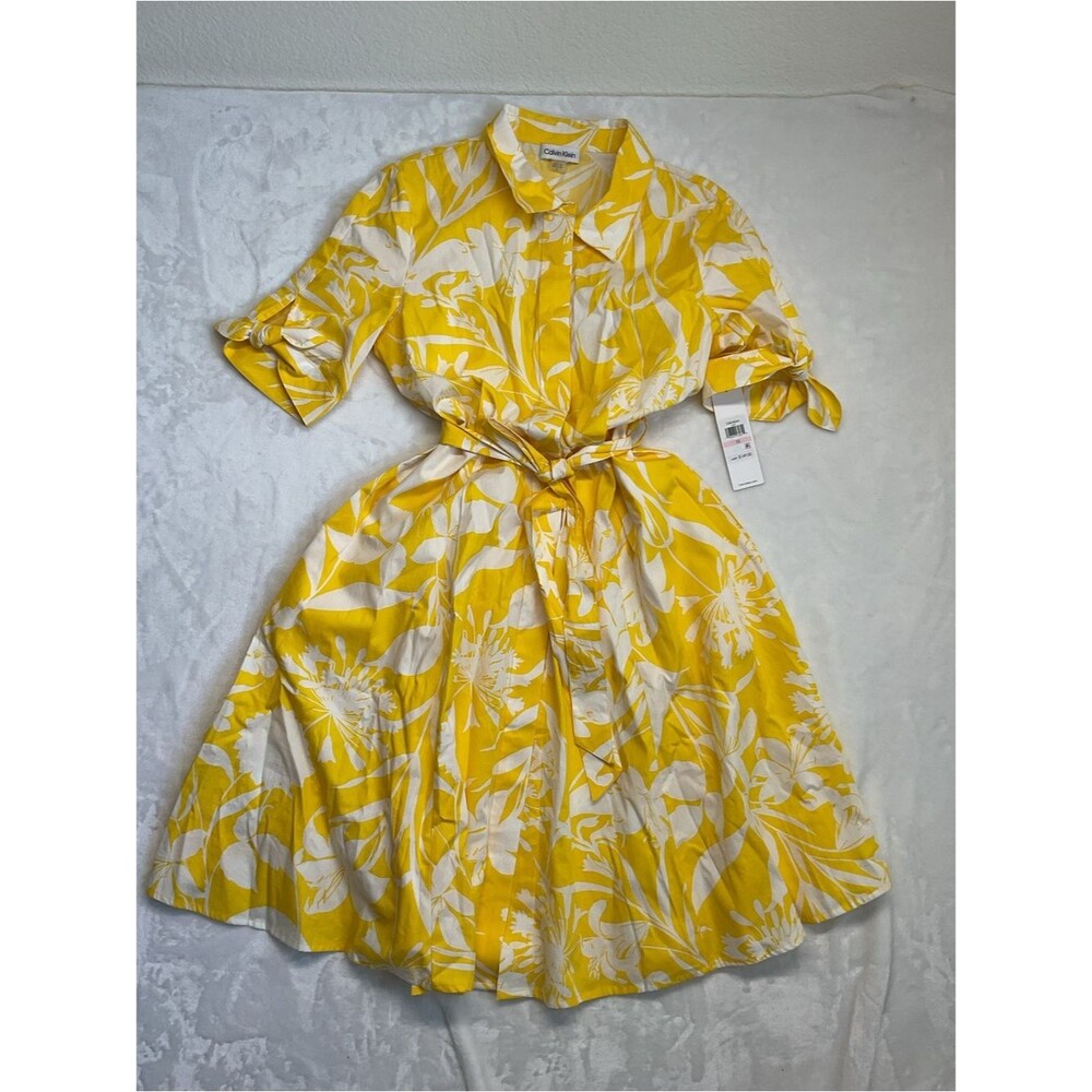 Calvin Klein Yellow & White Floral Tie-Waist Midi Dress